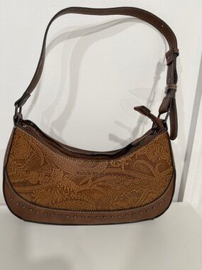 Brown Floral-Embossed Shoulder Bag